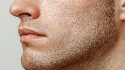 Fototapeta premium Close-up of Male Face with Skin Condition Showing Acne Scars and Facial Hair
