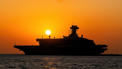 Obraz premium A silhouette of a ship against a vibrant sunset, showcasing the beauty of maritime travel and serene ocean views.
