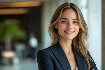 Fototapeta premium Confident Blonde Businesswoman in Black Blazer Smiling