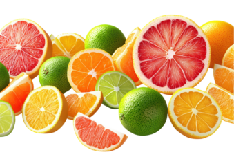 A vibrant array of citrus fruits, including oranges, grapefruits, and limes, beautifully sliced and arranged against a white background. transparent background