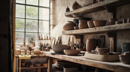 A charming pottery studio filled with clay tools, Pottery wheels and tools organized, Artistic workshop style
