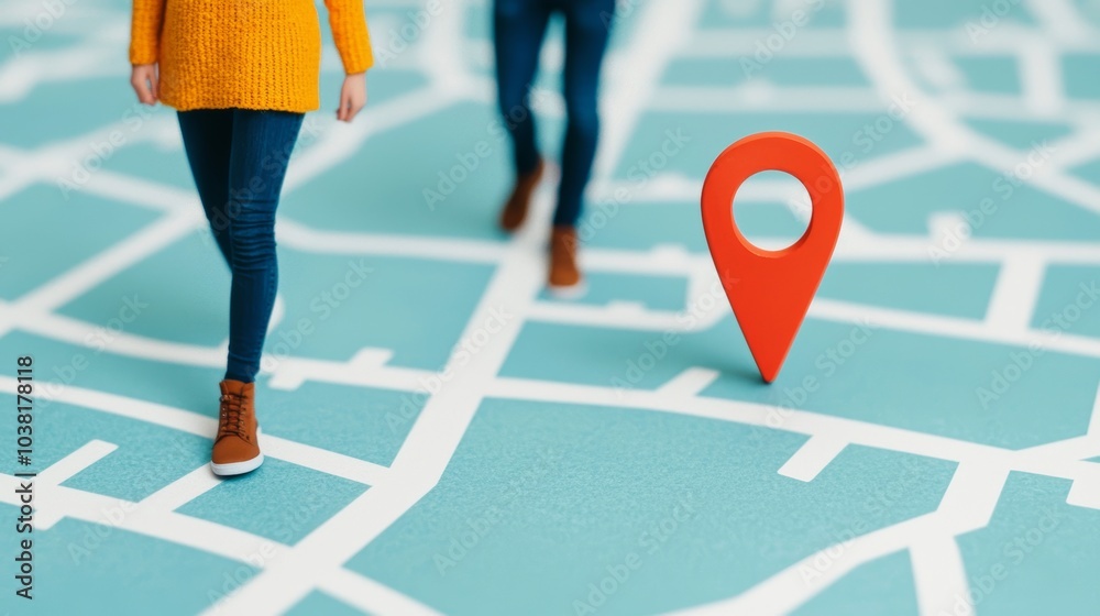 Wall mural customer journey concept with people walking on a map with a red location pin symbolizing navigation