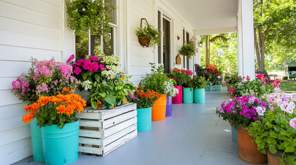 Fototapeta premium Farmhouse veranda, DIY planters, vintage sign