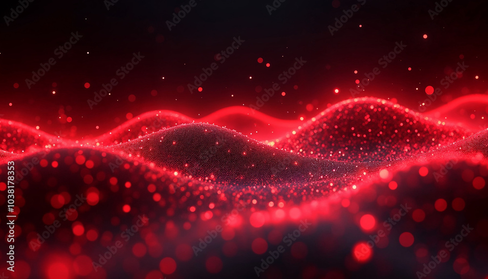 Poster abstract red tech background with digital waves, dynamic network system, artificial neural connectio