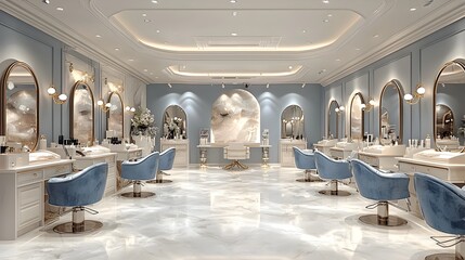 Elegant beauty salon interior with a skilled stylist carefully applying makeup to a client s face creating a well lit and colorful atmosphere with copy space for text