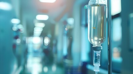 Close-up of a medical IV drip in a hospital setting