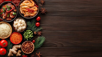 A vibrant spread of fresh ingredients including seafood, vegetables, and spices arranged on a rustic wooden table.