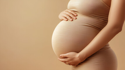A close-up image of a pregnant woman's hands cradling her growing belly.