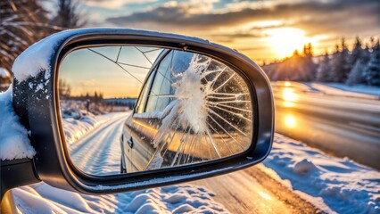 Cracked Car Mirror Reflecting Snowy Road at Sunset