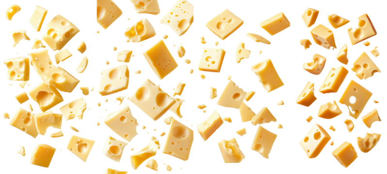 A visually striking display of scattered cheese pieces on a white background, showcasing varied shapes and sizes. transparent background