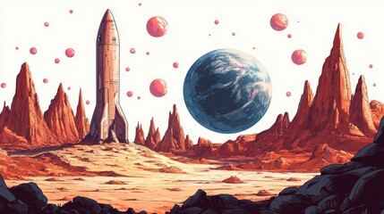 Illustration for a spaceship landing on an alien planet