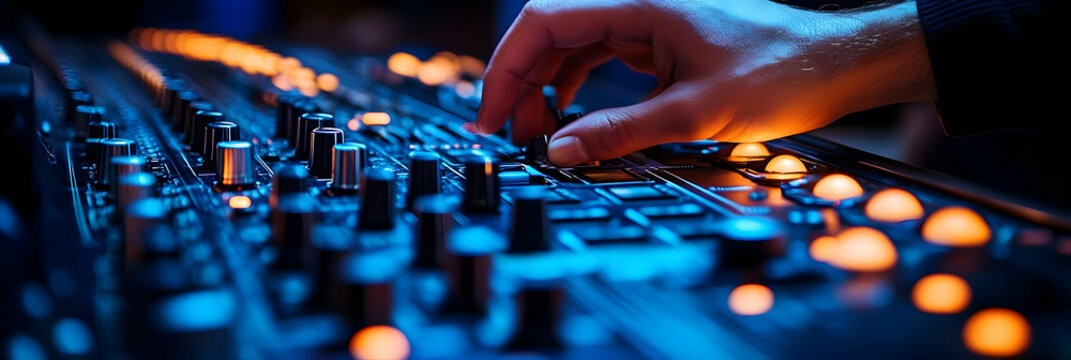 Close-up of a DJ's hand on a mixing board.