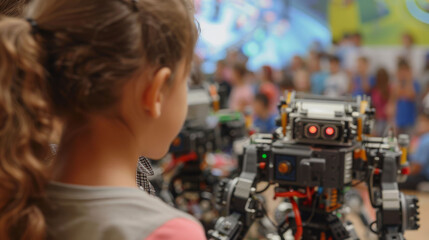 Children are captivated by robots at technology event, showcasing curiosity and excitement. scene highlights interaction between youth and innovation, sparking interest in robotics