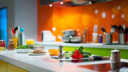 A colorful culinary workshop with gourmet ingredients and kitchen tools, Chef&rsquo;s essentials organized amidst culinary creativity, Epicurean cuisine style