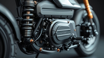 Detailed view of motor unit on electric scooter, showcasing intricate design and engineering. sleek lines and metallic finish highlight modern technology and innovation
