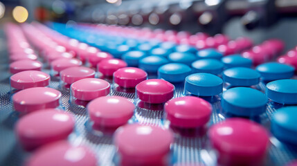 Obraz premium Macro shot of batch of coated tablets in vibrant pink and blue colors, showcasing detailed view of manufacturing process. image captures precision and organization of tablets as they exit production