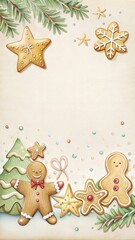 Fototapeta premium Gingerbread cookies and Christmas decorations, festive mood, holiday theme on light background with copy space