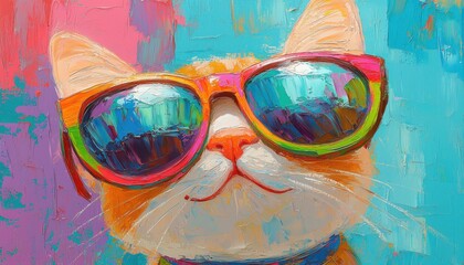 A vibrant, colorful painting of a cat wearing stylish sunglasses, exuding a playful and cheerful vibe.