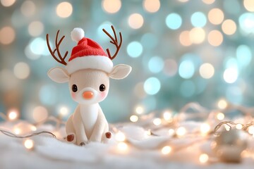 Cute reindeer with a Christmas hat and lights, in the illustration style, as a clipart image on a white background