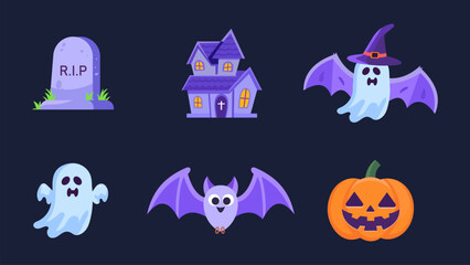 Halloween icons elements like ghosts, pumpkins, bats, spiders, witches, and haunted houses. Maintain a minimalist, line art style symbol