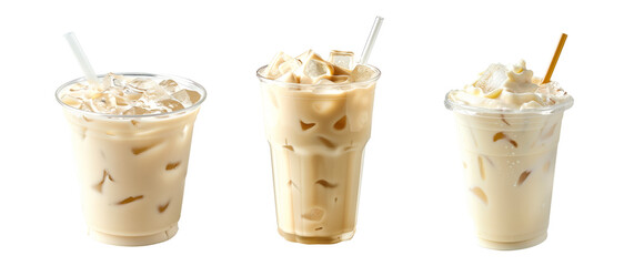 Refreshing summer drink horchata almond milk, iced coffee with milk and ice cubes isolated on white transparent background