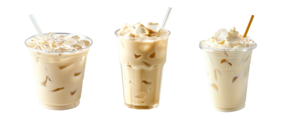 Refreshing summer drink horchata almond milk, iced coffee with milk and ice cubes isolated on white transparent background