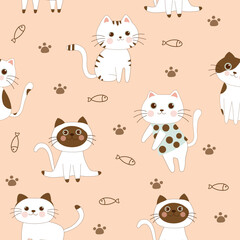 cat , fish and cat paw seamless pattern , vector , illustration 