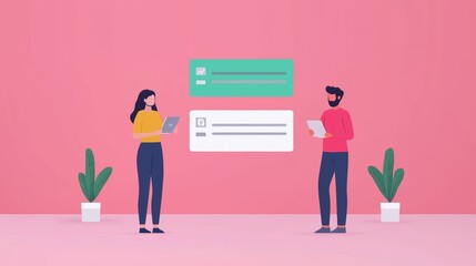 Illustration of Customer Journey Concept with Two People Interacting with Digital Interfaces on a Pink Background