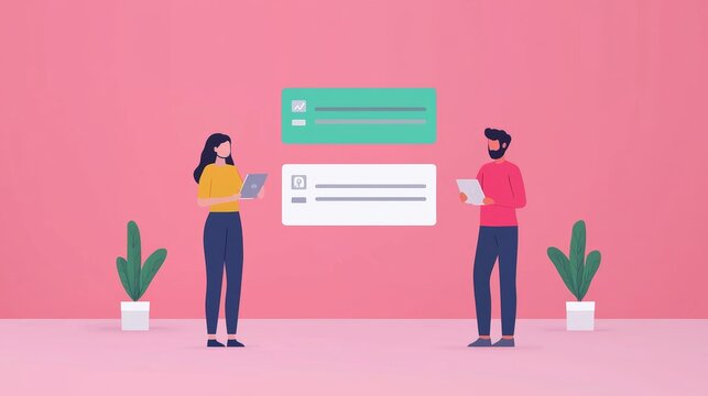 Illustration of Customer Journey Concept with Two People Interacting with Digital Interfaces on a Pink Background