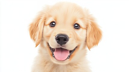 Yellow-furred puppy with bright eyes and tongue out, sitting against a white background.