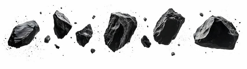 Black Rocks Falling on White Background.