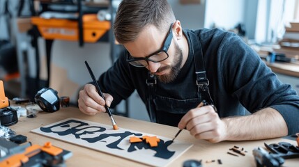 Fototapeta premium Crafting Custom Signs A Male Sign Maker at Work in a Workshop Filled with Stencils Brushes and Wooden Boards
