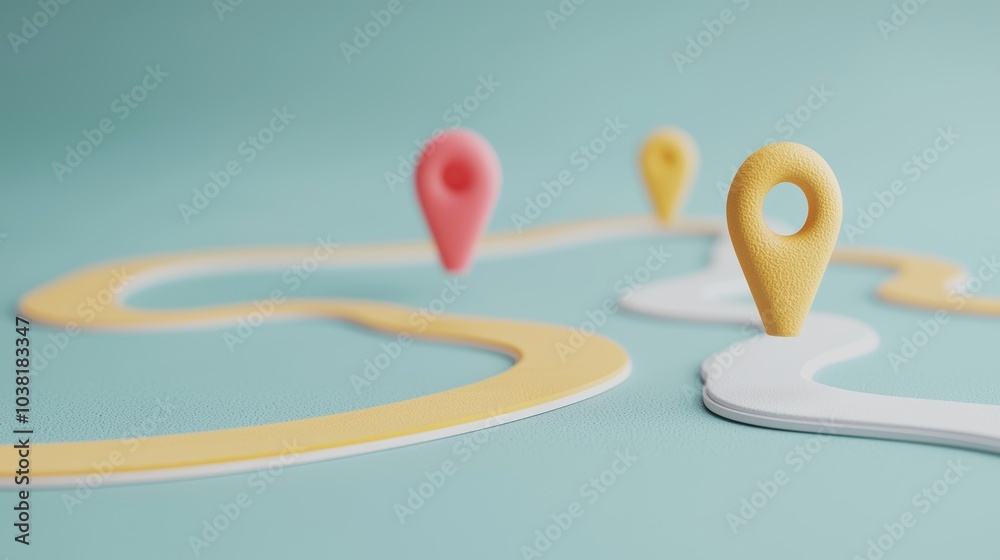 Wall mural abstract representation of customer journey concept with colorful location markers on a winding path