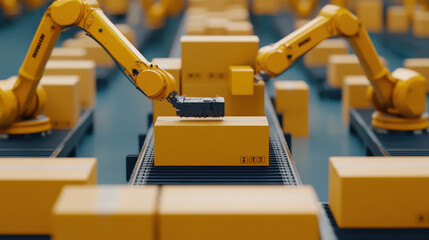 Fototapeta premium Automated warehouse system with robotic arms sorting packages, high-tech efficiency