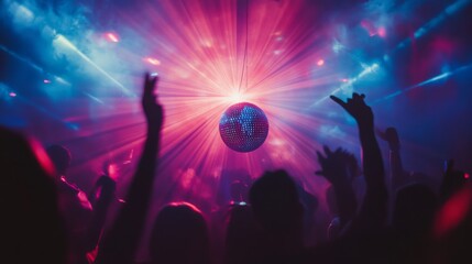 Obraz premium A vibrant disco ball lights up a nightclub scene, enhancing the party atmosphere