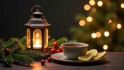 Fototapeta premium Merry Christmas! Lantern with candles, Christmas tree and a cup of hot drink on a wooden background. Space for text and advertising