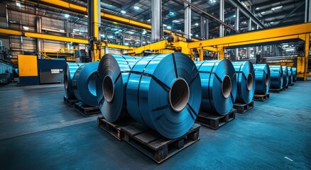 A photo of large rolls of steel sheets in the warehouse, ready for stacking and unloading onto pallets at an industrial plant. 