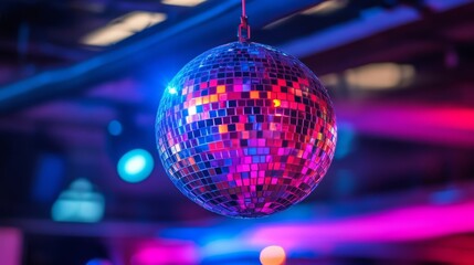 Obraz premium A vibrant disco ball lights up a nightclub scene, enhancing the party atmosphere