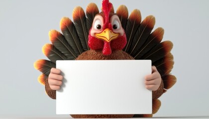 A cartoon turkey character holding a blank sign, likely for promotional or festive purposes.