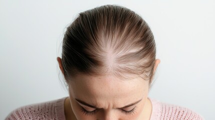 Close-up of Woman's Scalp Showing Hair Loss and Thinning Hair Due to Skin Condition or Alopecia