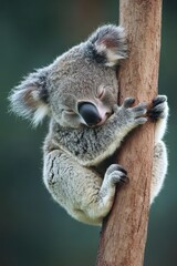 Naklejka premium Sleepy Koala Clinging to Eucalyptus Tree Close Up