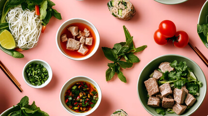 A flat lay of Vietnamese Pho ingredients, including noodles, broth, meat, herbs, and vegetables.