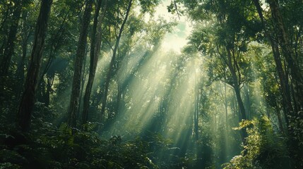 Serene Forest with Sunlight Streaming Through Trees