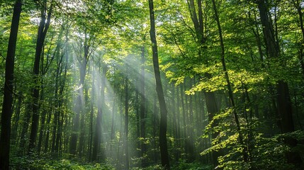 Fototapeta premium Sunlight Filtering Through Dense Forest Trees