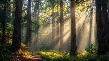 Sunlight Filtering Through Dense Forest with Tall Trees