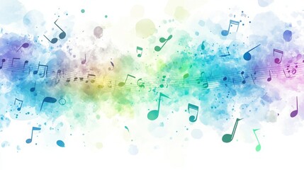 Blue, green, and purple lights with music notes on a white backdrop. 