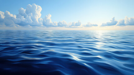 Obraz premium A serene landscape featuring a blue sky with fluffy clouds, a snowy terrain, and a beautiful ocean view under the warm glow of the sun, creating a tranquil and picturesque scene