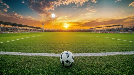 Fototapeta premium Soccer Ball on the Field at Sunset