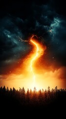 Dramatic lightning bolt striking through dark storm clouds at sunset.