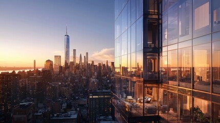 Fototapeta premium Modern Glass Skyscraper Reflecting City at Sunset